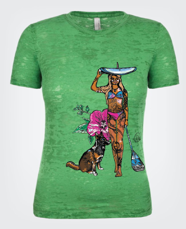 Water Girl Green T-shirt with 4 Color Surfer Design