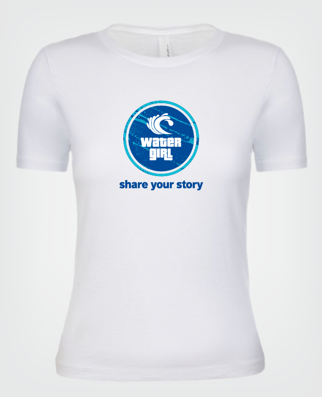 Water Girl White T-shirt with Blue Water Girl Logo and share your story text